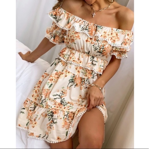boho floral print off shoulder ruffle spring dress - Picture 5 of 5